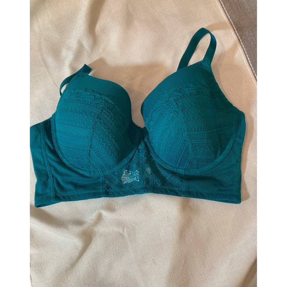 Auden Long Line Demi Bra 40D Underwire Teal Embroidered Ruffle Romantic Boudoir